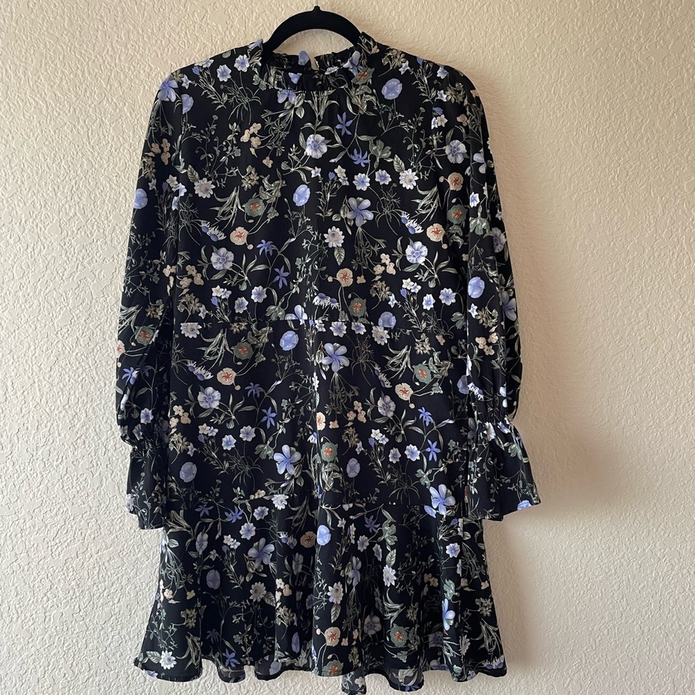 Black Floral Long Sleeve Romantic Shift Dress